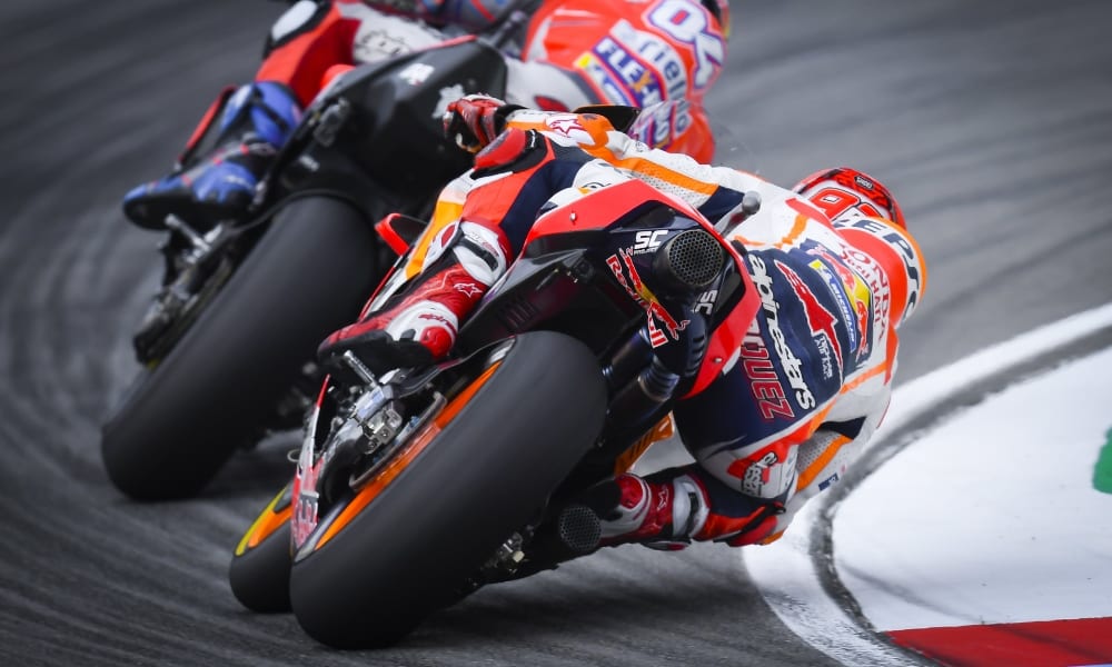Marquez on the chase: Marc Marquez hopes to nick the win late on, but had to be content with third place (Pic: MotoGP)